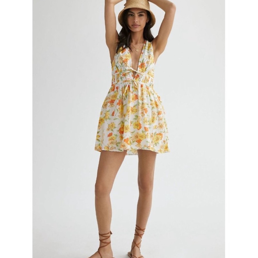 NWT Anthropologie Faithfull V-Neck Mini Dress 8 $169 White Orange